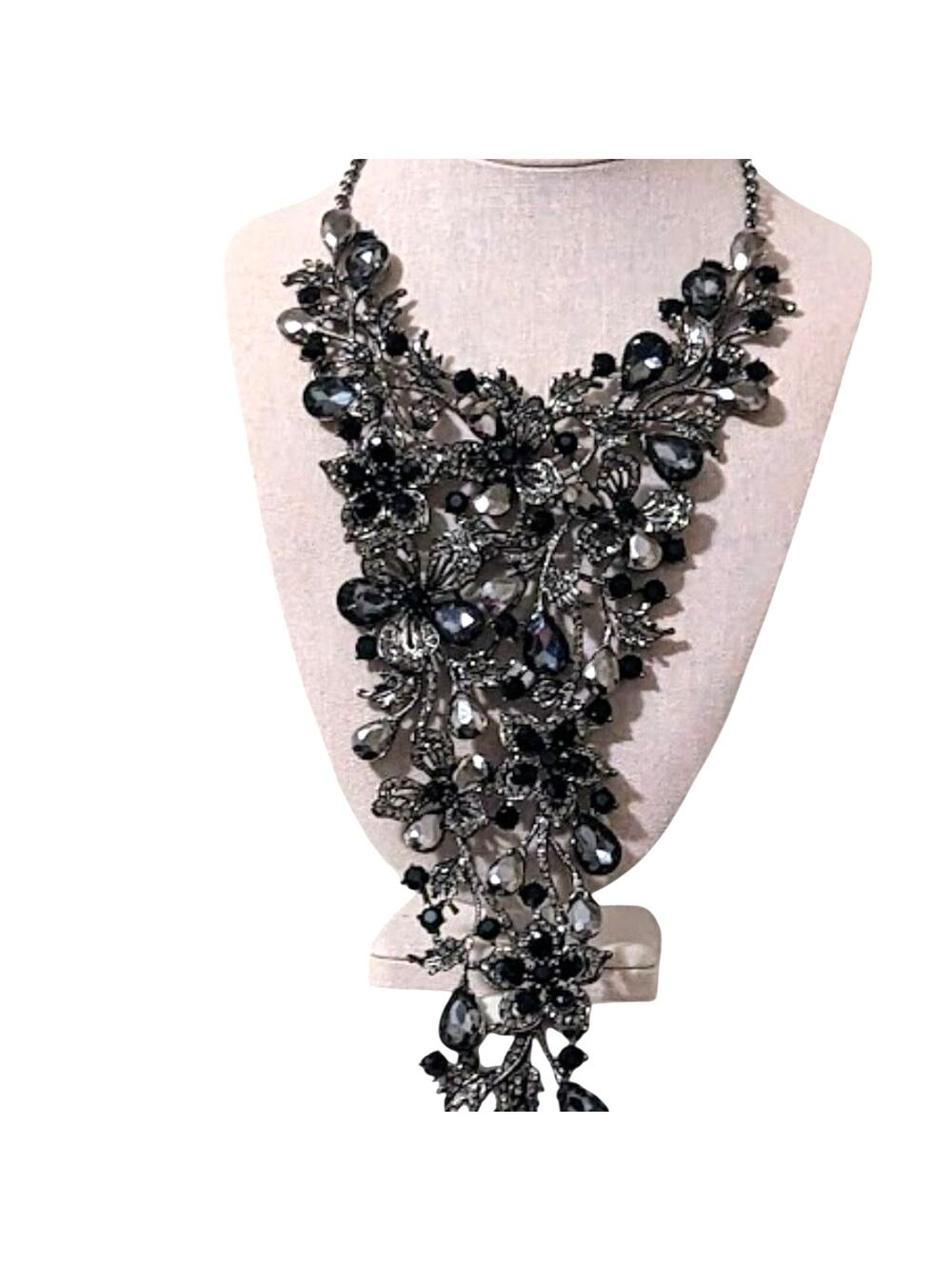 Natasha Flower Power Black Gray Metallic Stone Gun Metal Cascade Necklace